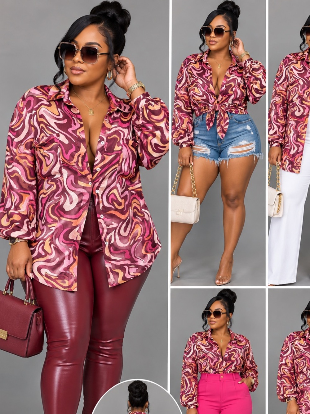 Printed Button Down Blouse - Pink Swirl